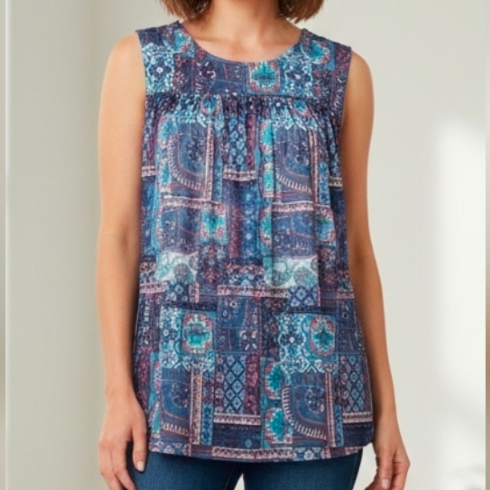 Bobbie Brooks Sheer Yoke Aqua Blue Pink Mesh Sleeveless Boho Blouse